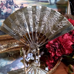 Vintage Solid Brass Asian Decorative Fan w Dragon Design Wall Art | Asian Brass Fan Wall Decor