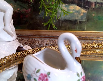 Vintage Porcelain Swan Planter Florals