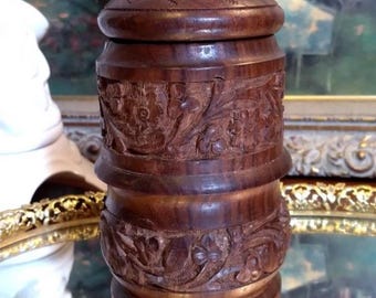 Vintage Hand Carved Wooden Stash Storage Jar/Canister w Lid