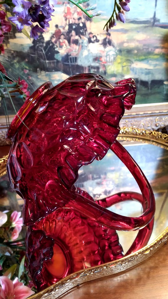 Vintage Fenton Ruby Red Thumbprint Glass Handled Basket 8