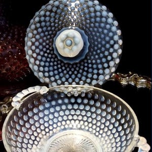 Vintage Anchor Hocking Moonstone Clear Opalescent Candy Dish w Lid