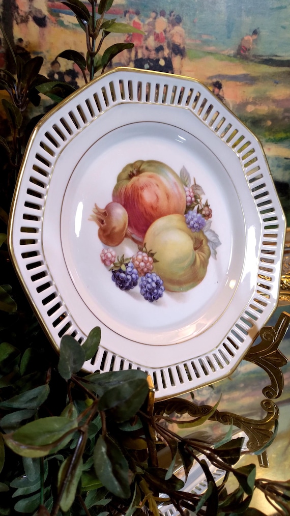Vintage Schumann Bavaria Pierced Plate | Fruit Center, Gold Trim