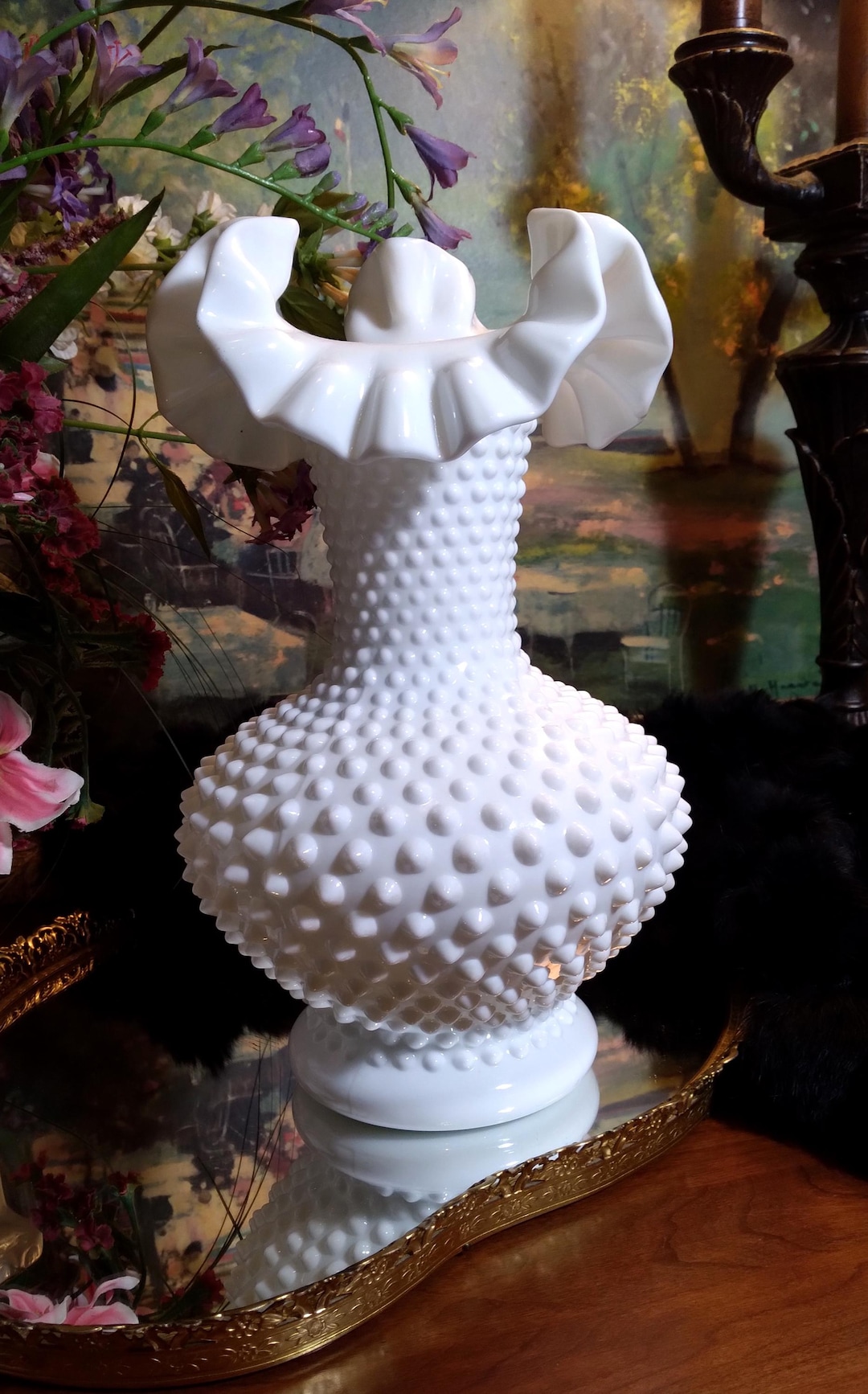 Fenton Hobnail Milk Glass Double Crimped Vase - Etsy