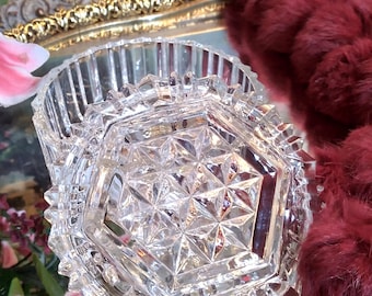 Anchor Hocking Round Hex Crystal Puff Box w Lid | Crystal Covered Trinket Box