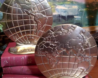 Vintage Brass World Globe Bookends Set of (2)