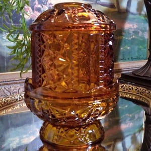 Indiana Glass Amber (2) Pc. Fairy Lamp | Stars & Bars Amber Glass Fairy Lamp/Votive Holder