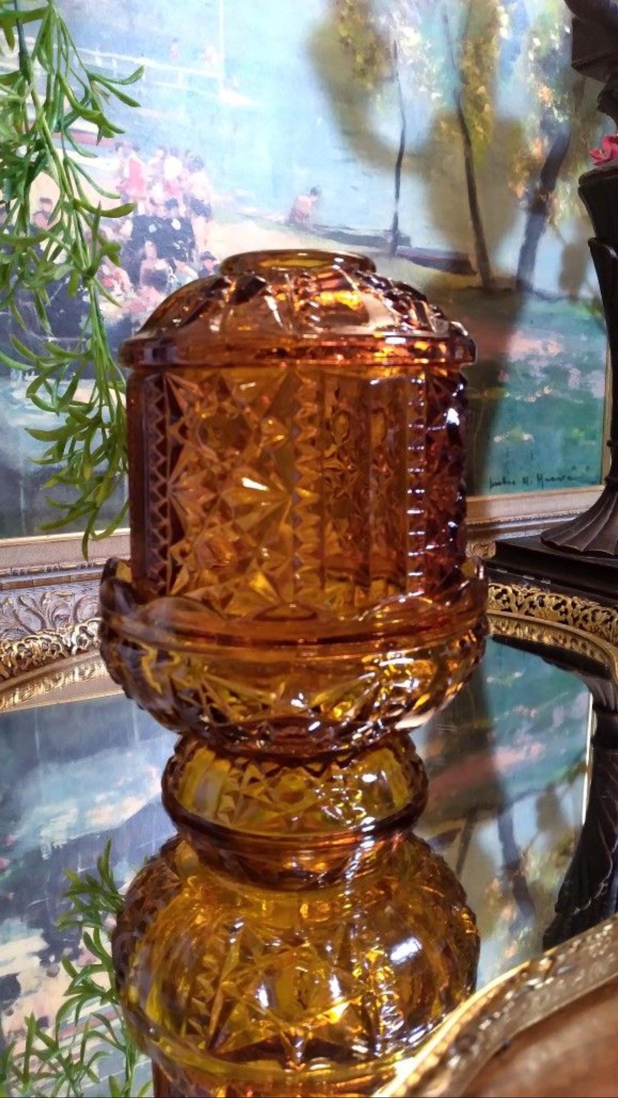 Indiana Glass Amber (2) Pc. Fairy Lamp | Stars & Bars Amber Glass