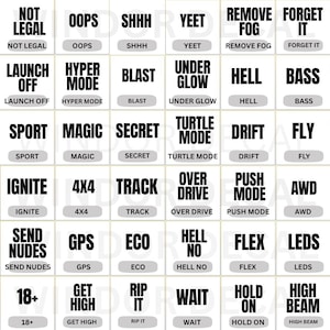 May include: A grid of white squares with black text. Each square contains a different word or phrase, such as "NOT LEGAL," "OOPS," "SHHH," "YEET," "LAUNCH OFF," "HYPER MODE," and "18+."