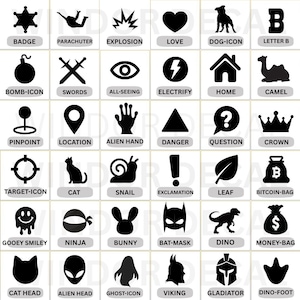 Peut inclure: Une grille de trente-six icônes en silhouette noire sur fond blanc, chacune étiquetée avec du texte en dessous. Les icônes incluent des formes comme un badge, un parachutiste, une explosion, un cœur, un chien, la lettre B, une bombe, des épées.