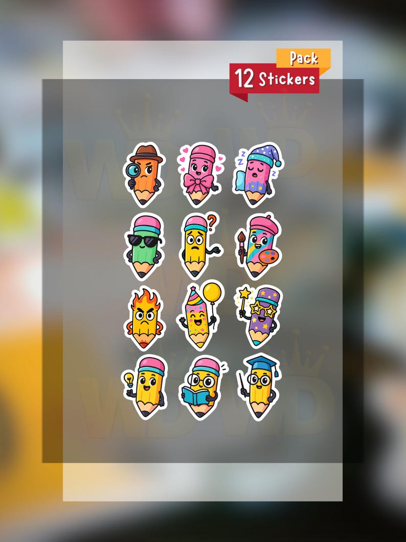 12 Humor Pencil Character Vinyl Stickers Pack, Teacher Student Back to ...