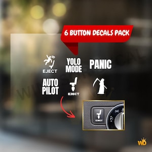 6 Pack Funny Eject Button Vinyl Decals, YOLO, Auto Pilot, Panic Stickers