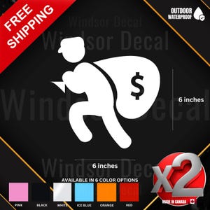 2X Funny Bank Robber Cash Bag Decal | Cartoon Money Bag Vinyl Sticker | Humorous Theft Design | Car Truck Laptop Tumbler Vinyl Sticker 6"