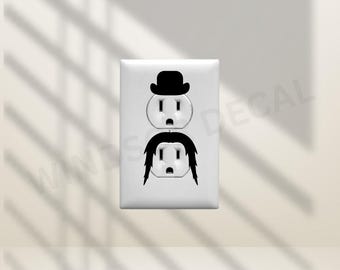 Outlet Plug Hair Hat Wall Decal, Funny Light Switch Vinyl Sticker, Face Illusion Outlet Cover Decor, Minimalist Character Silhouette Art