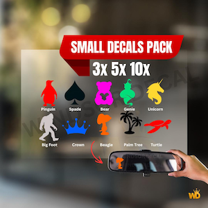 May include: A pack of small vinyl decals featuring various silhouettes including a red penguin, black spade, pink bear, green genie, yellow unicorn, white big foot, blue crown, orange beagle, black palm tree, and red turtle, with text SMALL DECALS PACK.