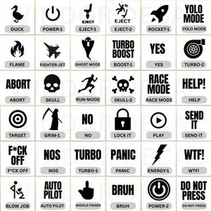May include: A grid of black and white graphic designs with icons and text. Designs include a duck, power symbol, rocket, skull, and phrases like "YOLO MODE," "ABORT," and "WTF!" The images are arranged in a grid.