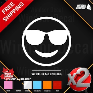 2X Smiley Emoji with Sunglasses Sticker | Cool Face Vinyl Decal for Car, Laptop, Window, Wall, Fun Expression Sticker 5.5&quot;