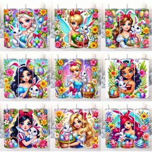 Paquet de gobelets de 20 oz pour le jour de Pâques Png, gobelet de lapin de dessin animé de princesse Png, gobelet de dessin animé Png, conceptions de sublimation d'emballage de gobelet de princesse 20 oz