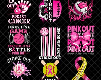 Pink Out Sports Png Bundle, Breast Cancer Awareness Game Day PNG, Strike Out Cancer Png, Football Baseball Softball Volleyball Shirt design