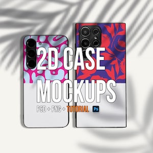 May include: Two phone case mockups with different designs. The case on the left has a pink, blue, and white abstract pattern. The case on the right has a purple background with red leaves and a white bottom. The text "2D CASE MOCKUPS" is in large, bold, white letters. Below the text is "PSD + PNG + TUTORIAL Ps".