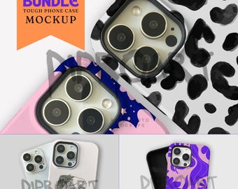 May include: A bundle of three phone cases with different designs. The first case has a black and white animal print, the second case has a pink and blue design with stars, and the third case has a purple and white floral design. The text "Bundle" and "Tough Phone Case Mockup" is displayed on the top of the image.