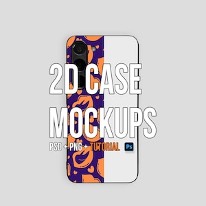 May include: A mockup of a phone case with a purple and orange design. The text "2D CASE MOCKUPS" is written in white on the case. The text "PSD + PNG + TUTORIAL" is written in white below the case. A small Photoshop icon is to the right of the text.