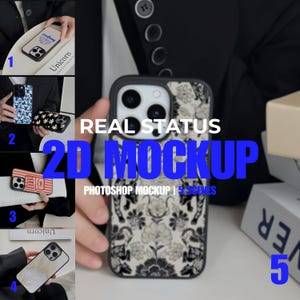 Op de afbeelding: Een verzameling telefoonhoesjes met diverse ontwerpen, waaronder bloempatronen, vlinders en tekst. De afbeelding toont de tekst "REAL STATUS 2D MOCKUP" en "PHOTOSHOP MOCKUP | 5 SCENES". De hoesjes zijn in verschillende kleuren en stijlen.