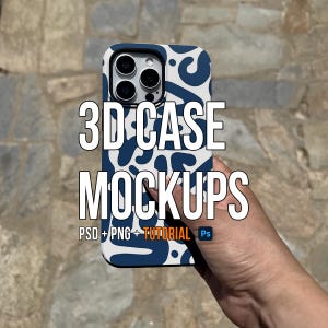 May include: A 3D phone case mockup with a blue and white abstract design. The text "3D CASE MOCKUPS" is written in white on a black background. The text "PSD + PNG + TUTORIAL" is written in white on a black background. The text "Ps" is written in white on a black background.