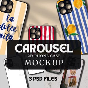 May include: Three phone case mockups with different designs. The first case is white with yellow stripes and the text "la dolce vita". The second case is red and white stripes. The third case is blue with white stripes and orange fruit illustrations.