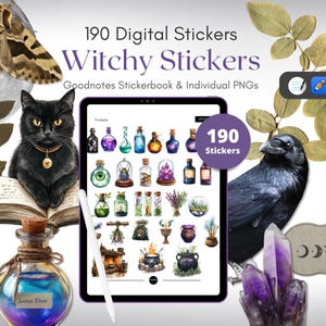Cyfrowe naklejki Witchy | 190 GoodNotes Planner, Tarot, Potion PNG (do pobrania cyfrowego)