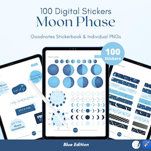 Könnte beinhalten: Ein digitales Sticker-Paket mit 100 blauen und weißen Mondphasen-Illustrationen. Die Sticker sind für die Verwendung in der Goodnotes-App konzipiert und als einzelne PNG-Dateien verfügbar. Das Paket enthält eine Vielzahl von Mondphasen, darunter Neumond, Sichelmond, Vollmond und abnehmender Mond. Die Sticker sind perfekt, um Ihrem digitalen Planer oder Tagebuch einen Hauch von Fantasie und Magie zu verleihen.