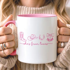 Personalized Southern Cowgirl Mug, Custom Western Coquette Pink Coffee Cup, Boot Hat Horseshoe Bow Birthday Gift, She's From Texas Present