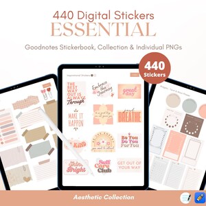 May include: A digital sticker pack containing 440 stickers for Goodnotes. The stickers are in a variety of colours and designs, including pink, brown, and white. The stickers feature motivational quotes and phrases, such as "The best way out is always through", "Embrace the journey", "Make it happen", "Shine bright", "Self care club", and "Get out of your way".
