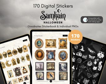 May include: Digital sticker set for Halloween, featuring 170 stickers. The set includes framed artworks and individual PNGs, compatible with Goodnotes and other note-taking apps. The stickers have a Samhain theme.