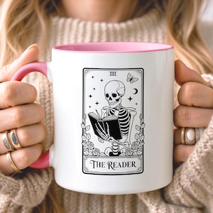 Skeleton Reader Mug | Custom Gothic Book Lover Gifts| Dark Academia Coffee Cup | Tarot Card Reader Gift