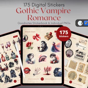 May include: Digital sticker set featuring 175 Gothic Vampire Romance designs. The stickers include watercolor illustrations of vampires, roses, goblets, and other gothic-themed elements. The set is designed for use in Goodnotes and includes individual PNG files.