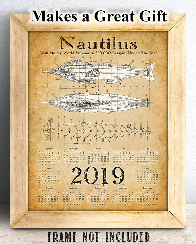 20,000 Leagues Under the Sea Nautilus Submarine 2019 Calendar 11x14 Unframed