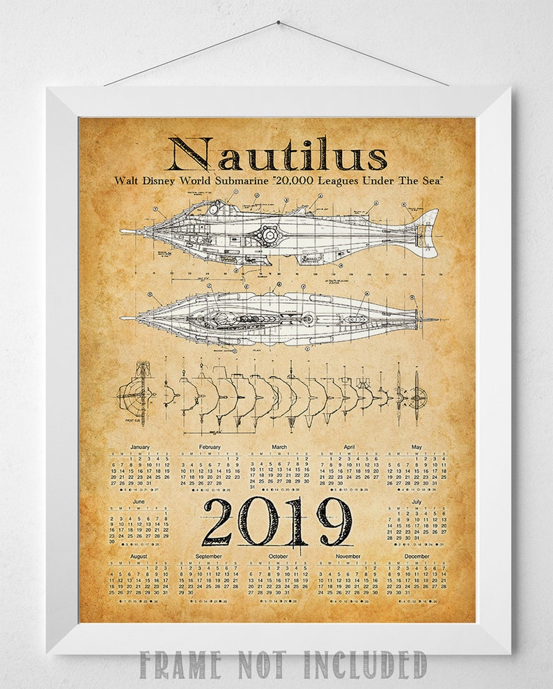 20,000 Leagues Under the Sea Nautilus Submarine 2019 Calendar 11x14 Unframed