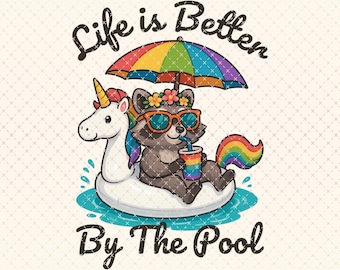 Funny Raccoon Pool PNG: Summer Vacation Shirt Sublimation Design (Digital Download)