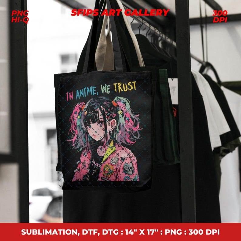 K&ouml;nnte beinhalten: Schwarze Tragetasche mit einer Anime-Illustration eines M&auml;dchens mit rosa und blauen Haaren, das eine rosa Jacke tr&auml;gt. Der Text "IN ANIME, WE TRUST" steht &uuml;ber der Illustration. Die Tasche misst 35,5 cm x 43 cm.