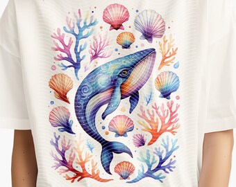 Boho Summer Whale PNG: Coastal Seashell, Nautical Ocean Design (Digital Download)
