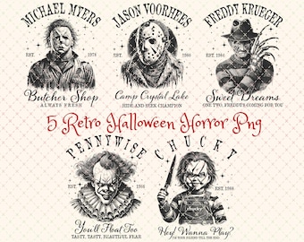 Retro Halloween Horror Movie Characters PNG Bundle: Sublimation Design (Digital Download)