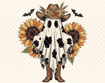 May include: A whimsical illustration of a ghost wearing a cowboy hat adorned with flowers and wheat, and cowboy boots. The ghost is draped in a white sheet with black cow-like spots, flanked by sunflowers and bats. The image includes the text "SFIPS ART GALLERY".
