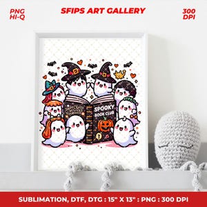 May include: A framed Halloween-themed print featuring cartoon ghosts reading a book titled "Spooky Book Club." The image includes bats, hearts, and a pumpkin. The print is labeled "SFIPS ART GALLERY" and is 15" x 13".