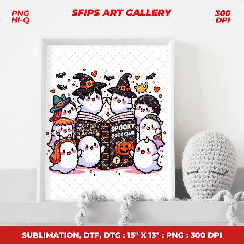 May include: A framed Halloween-themed print featuring cartoon ghosts reading a book titled "Spooky Book Club." The image includes bats, hearts, and a pumpkin. The print is labeled "SFIPS ART GALLERY" and is 15" x 13".