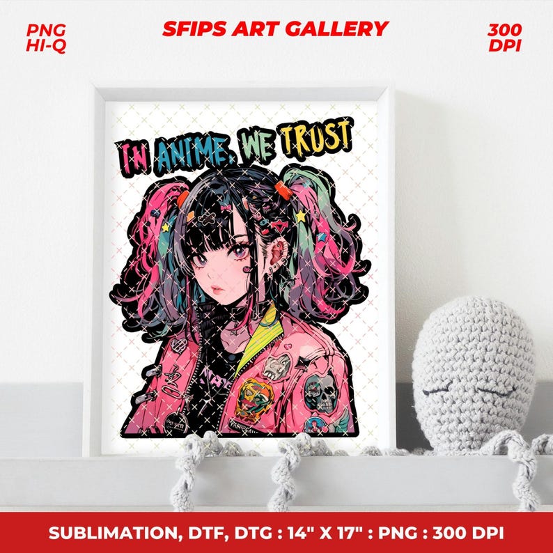 K&ouml;nnte beinhalten: Anime-Stil-Kunstwerk in einem wei&szlig;en Rahmen, das ein M&auml;dchen mit schwarzen Haaren zeigt, die zu Z&ouml;pfen mit rosa und t&uuml;rkisfarbenen Akzenten gestylt sind. Sie tr&auml;gt eine rosa Jacke mit Aufn&auml;hern. Der Text "IN ANIME, WE TRUST" steht &uuml;ber ihrem Kopf. Gr&ouml;&szlig;e: 35,56 cm x 43,18 cm.
