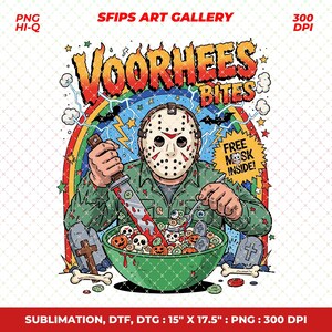 May include: A vibrant illustration depicts a masked character with a bloody knife above a bowl of cereal with skulls and pumpkins. The text "VOORHEES BITES" is above the figure, with "FREE MASK INSIDE!" below. The image is 38.1cm x 44.45cm.