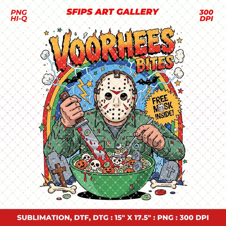 May include: A vibrant illustration depicts a masked character with a bloody knife above a bowl of cereal with skulls and pumpkins. The text "VOORHEES BITES" is above the figure, with "FREE MASK INSIDE!" below. The image is 38.1cm x 44.45cm.