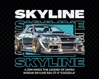 May include: A graphic design featuring a silver Nissan Skyline R34 GT-R, with gold rims, set against a black background. The word "SKYLINE" is prominently displayed in white, with additional text: "4 JDM Kings The Legend of Japan".