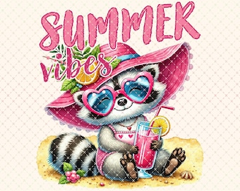 Summer Vibes Raccoon PNG: Funny Beach Shirt Design (Digital Download)