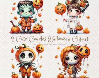 Bundle de cliparts Halloween couples, aquarelle d'horreur PNG (téléchargement numérique)